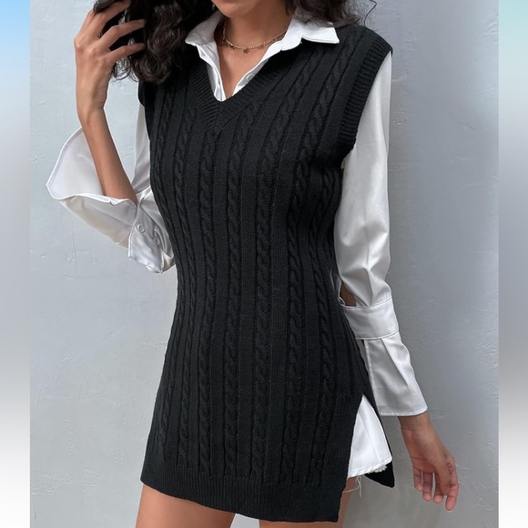 NWOT COAECJ Women's Black Cable Knit Sweater Vest Top/Dress w/ Split Hem Size S - Picture 5 of 10